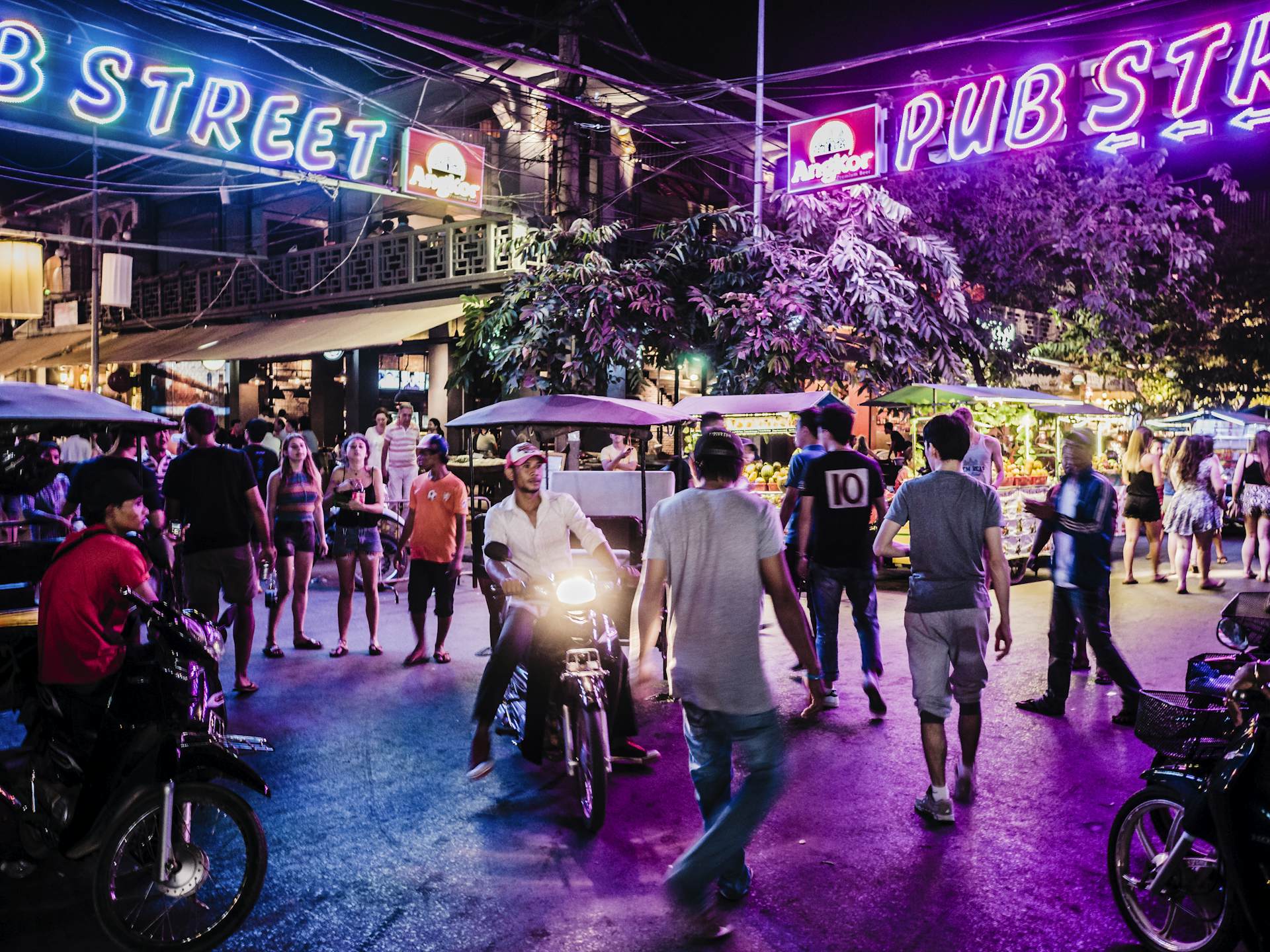 Drinkers gather at Pub Street in Siem Reap, Cambodia